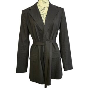 Theory Black Belted Linen-Blend Wrap Open Front Blazer 8